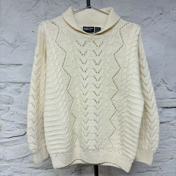 Vintage James River Traders Shawl Collar Cable Knit Sweater Cream 100% Wool - Picture 1 of 5